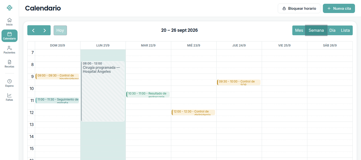 Calendario semanal de NexMed con citas y un bloqueo de horario.