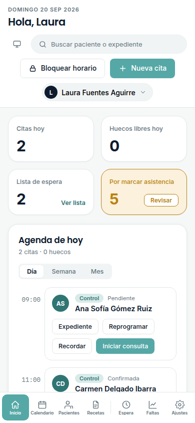 NexMed en el celular: agenda del día con las citas y sus acciones.